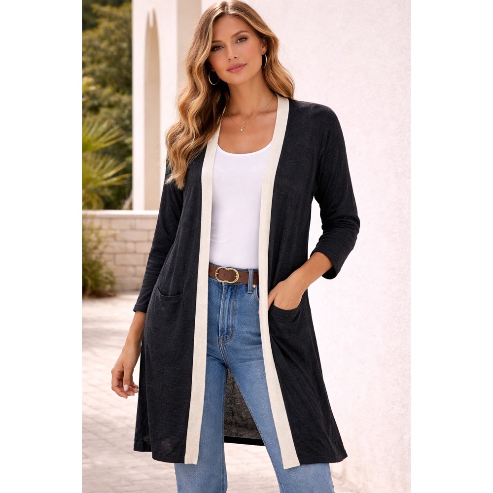Talbots Plus Black Cream Linen Blend Open Front Longline Cardigan Duster Size X
